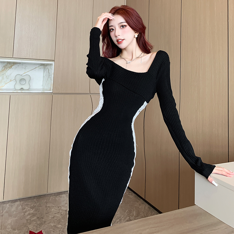 Temperament black sweater dress package hip long dress for women