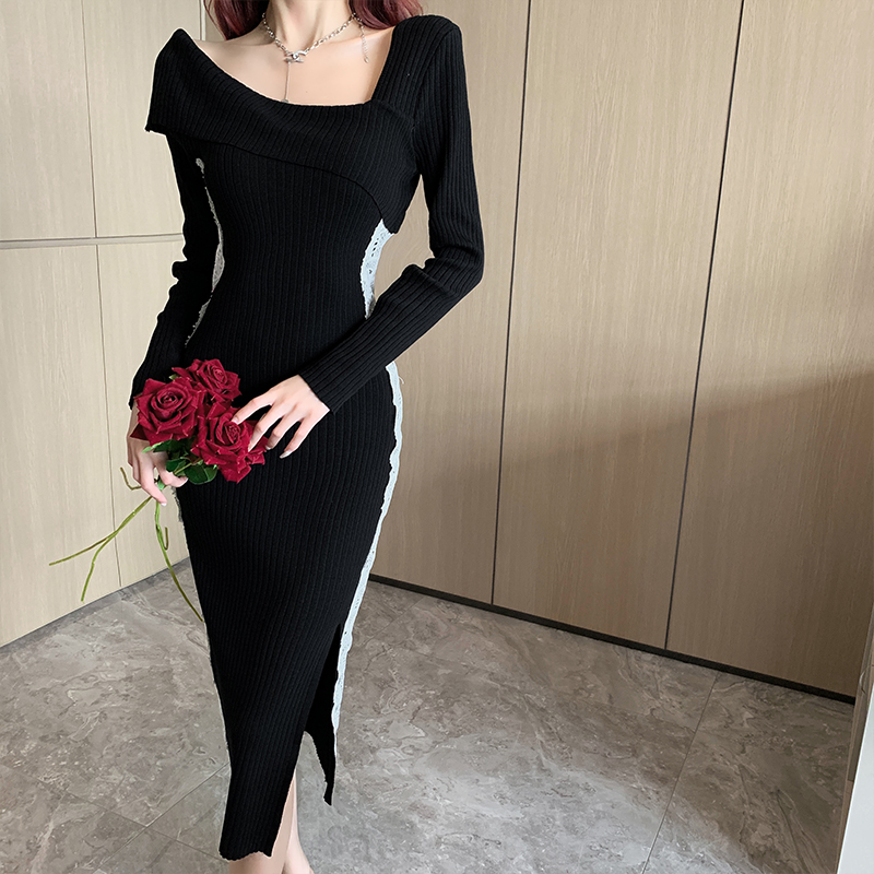Temperament black sweater dress package hip long dress for women