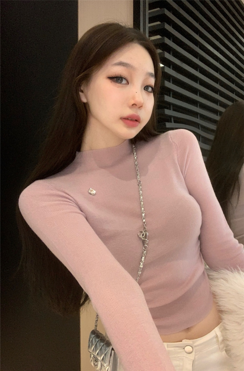 Winter slim tops long sleeve pink sweater for women