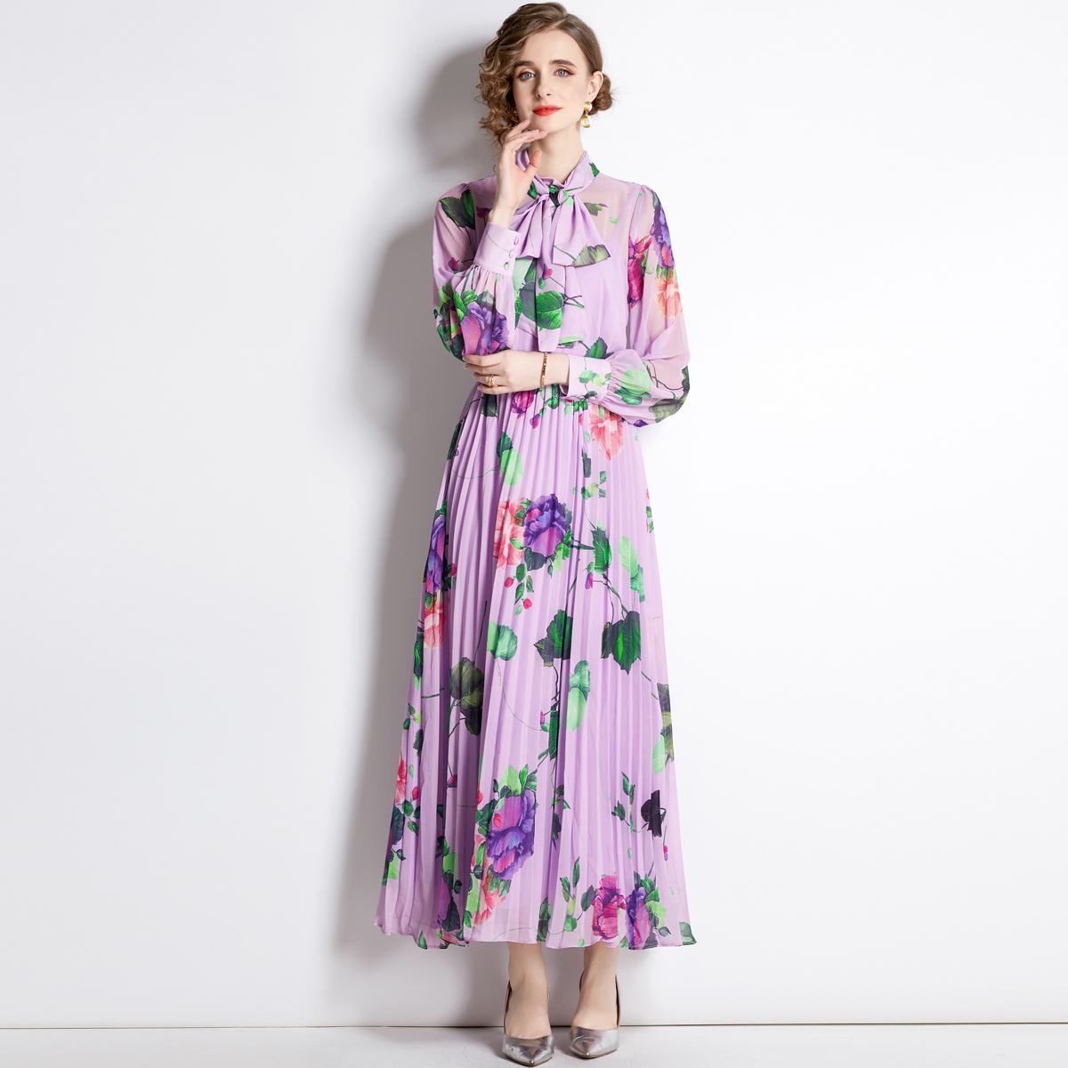 Pleated floral long dress slim France style dress