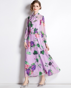 Pleated floral long dress slim France style dress