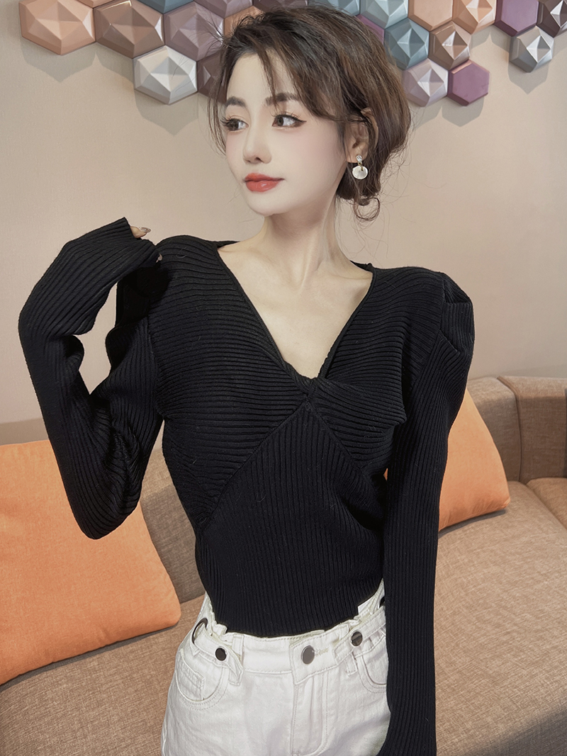 Unique France style sweater bottoming V-neck tops for women