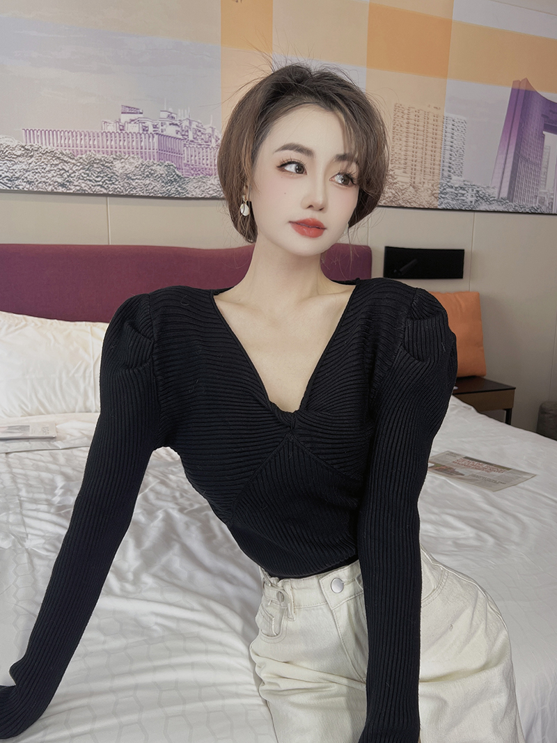 Unique France style sweater bottoming V-neck tops for women