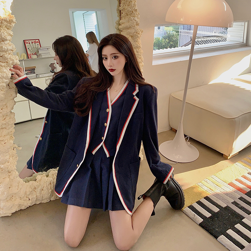 Knitted business suit pleated coat 3pcs set