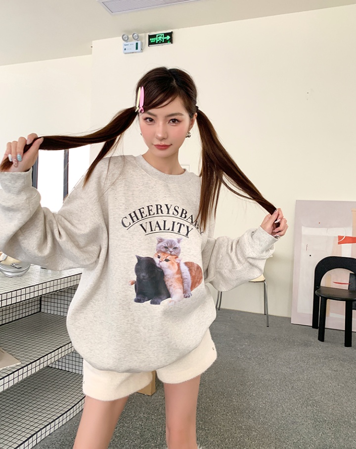 Printing winter kitty hoodie round neck couples loose tops