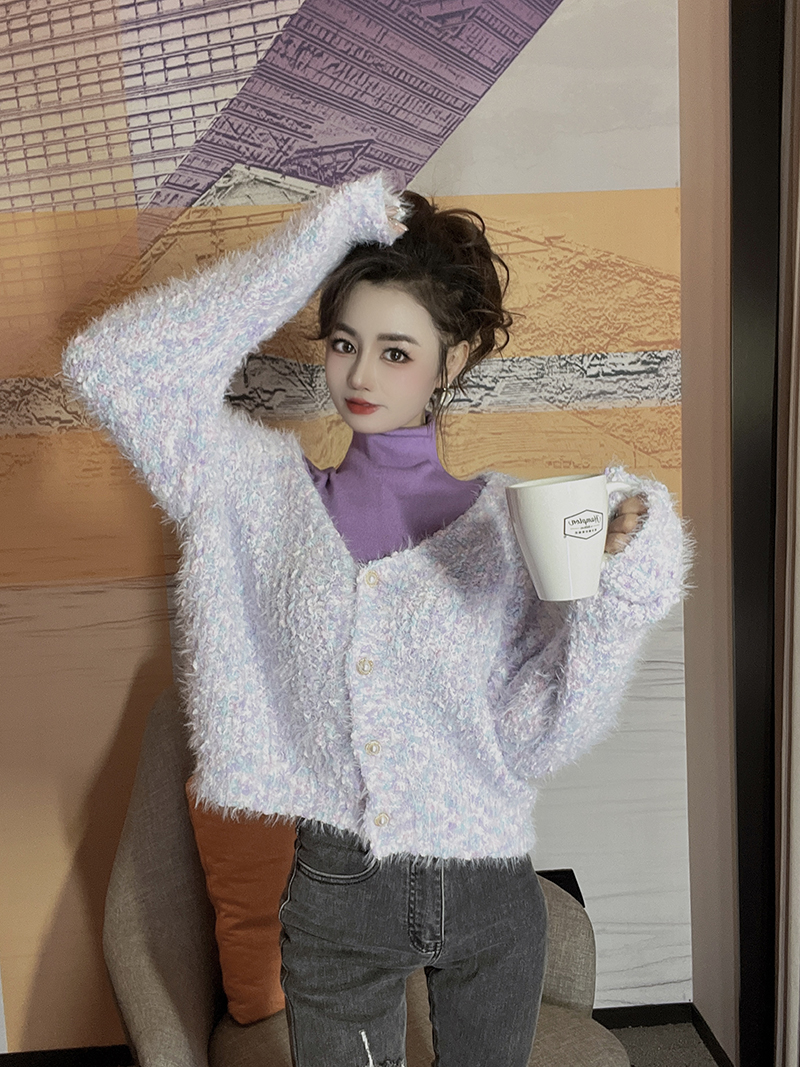 Knitted short coat plush long sleeve sweater for women