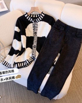 Denim large yard long pants fashion sweater 2pcs set for women