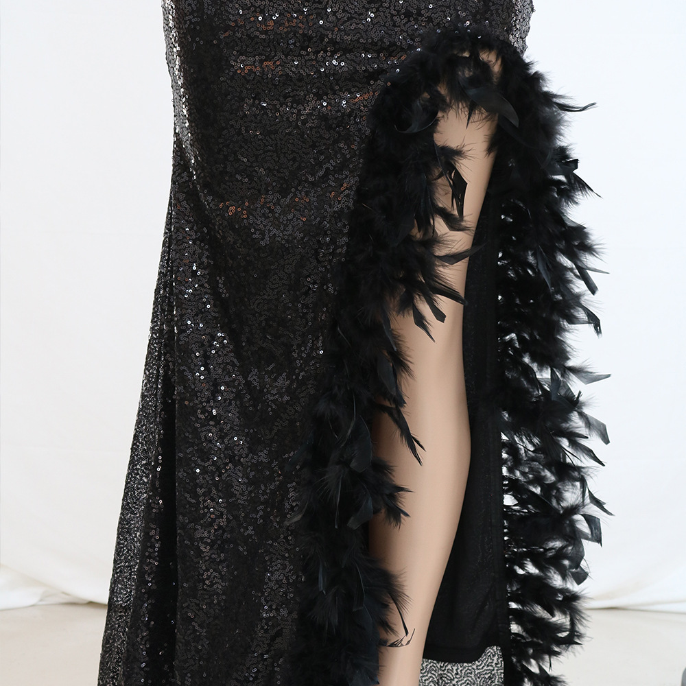 European style sequins feather halter sling dress