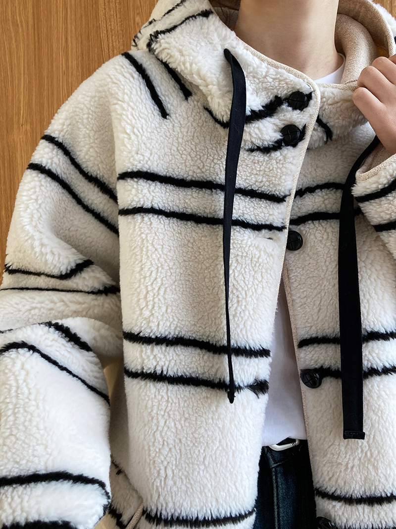 Stripe loose winter overcoat thick hooded lambs wool coat