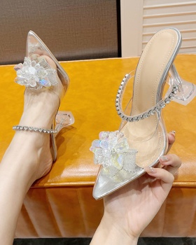 Pointed high-heeled bow sandals rhinestone European style slippers