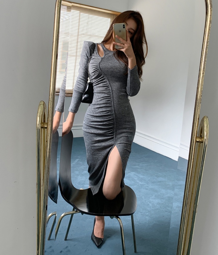 Long sleeve round neck hollow package hip slim dress