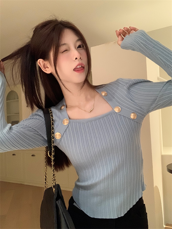 Unique square collar bottoming shirt knitted sweater