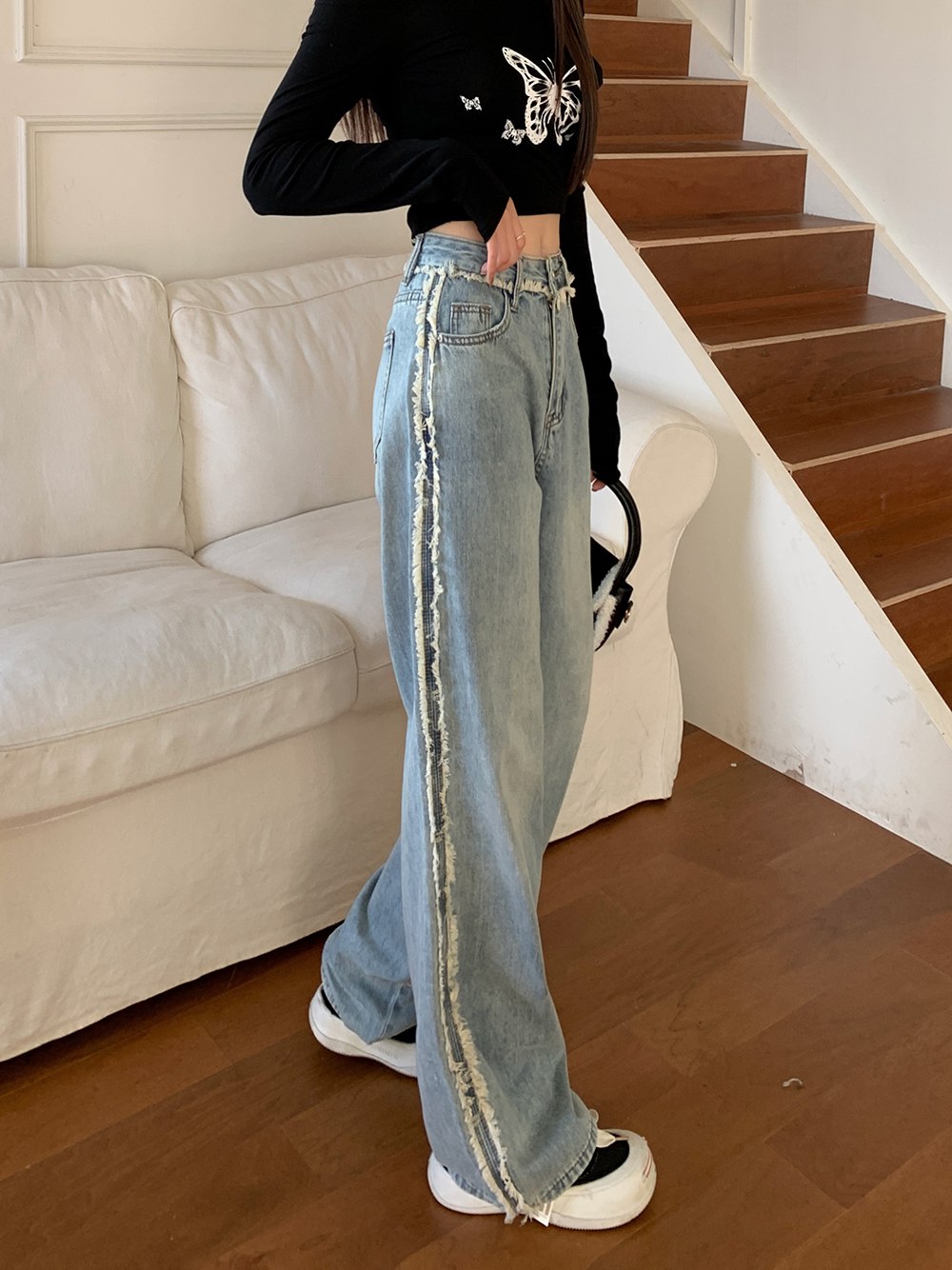 Mopping loose splice long pants slim burr high waist jeans