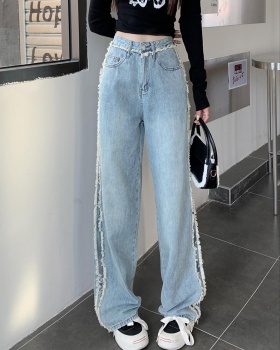 Mopping loose splice long pants slim burr high waist jeans