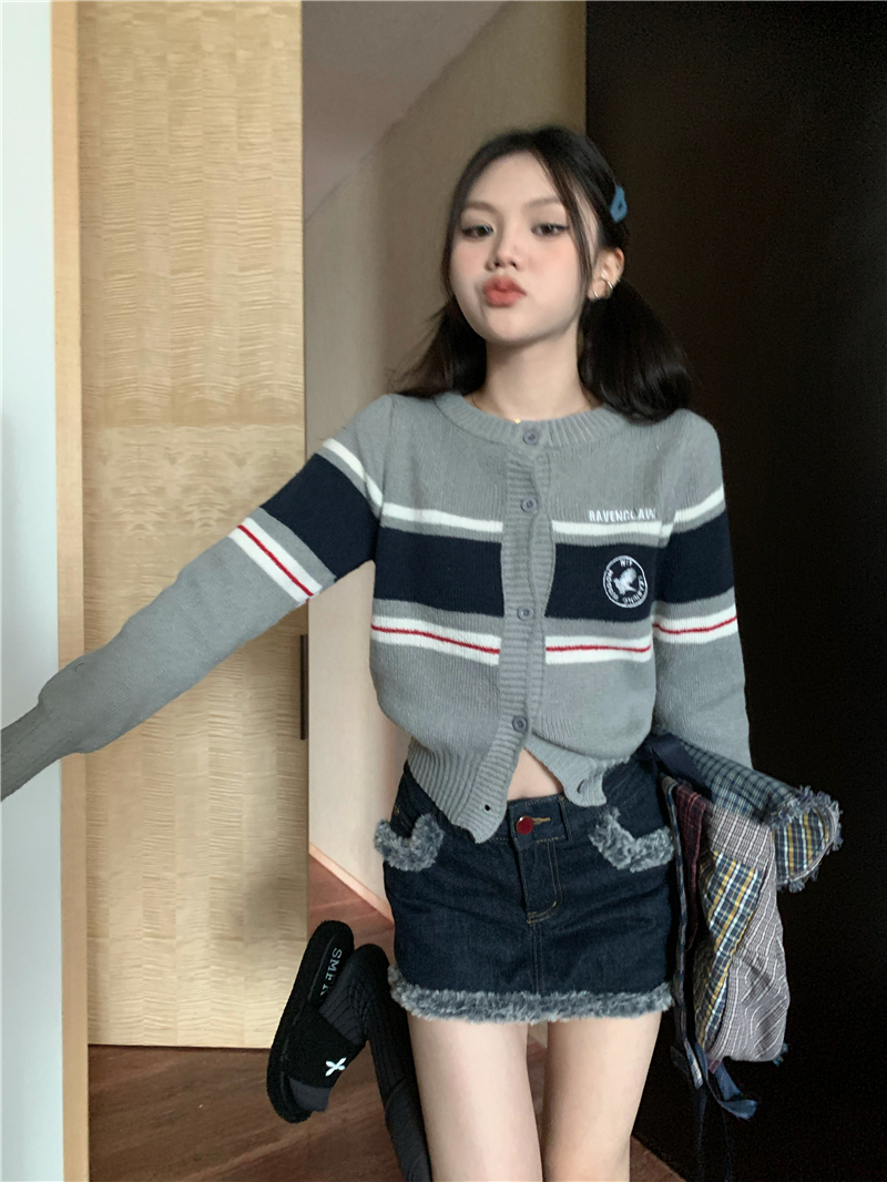 Long sleeve college style cardigan retro sweater