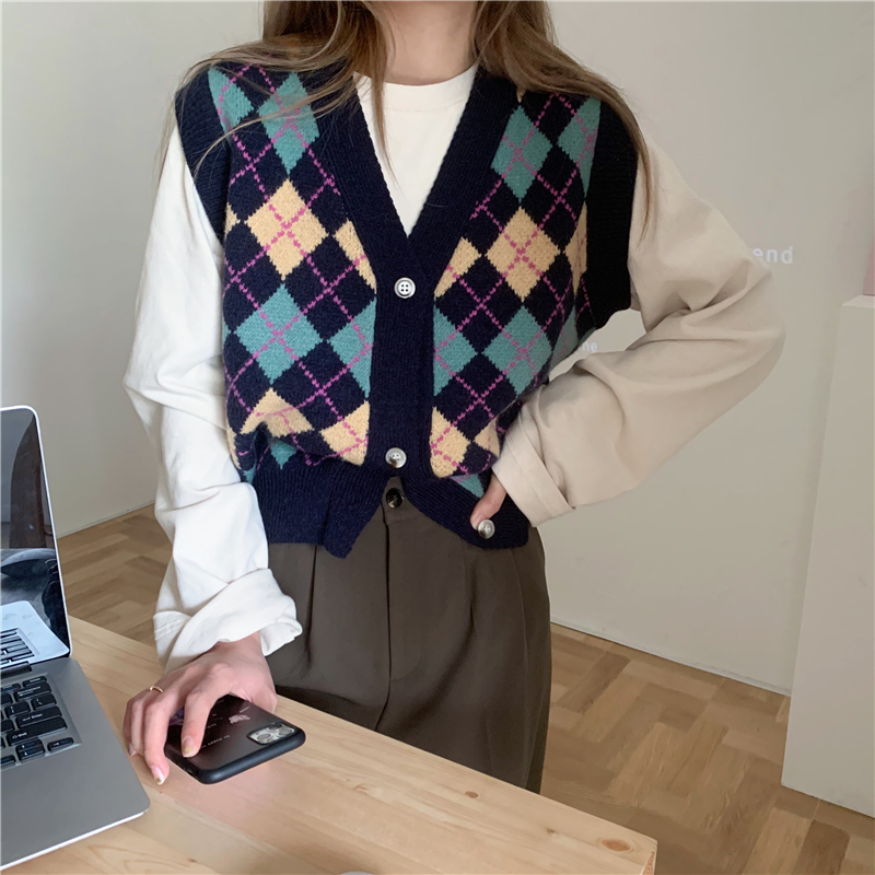 Quilted woolen yarn coat knitted V-neck waistcoat
