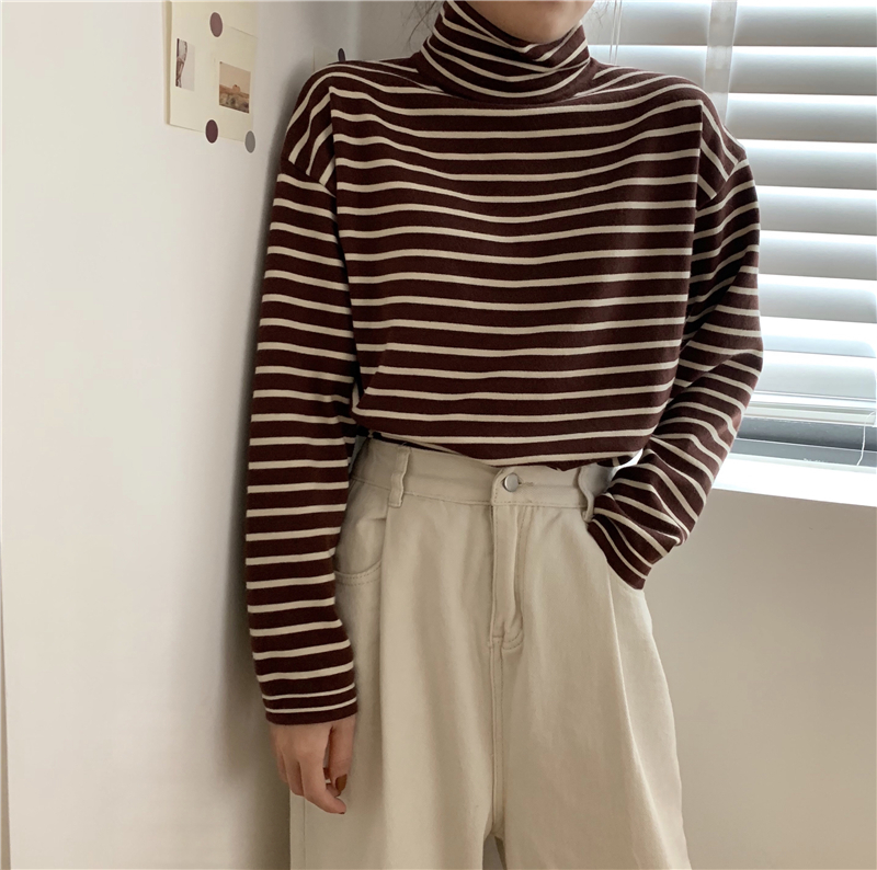 Stripe all-match high collar loose pullover sweater