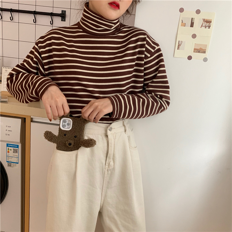 Stripe all-match high collar loose pullover sweater