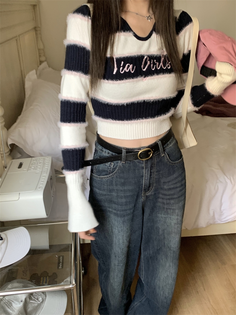 Inside the ride stripe sweater slim V-neck tops for women