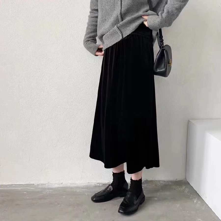Pleated black high waist slim autumn and winter skirt