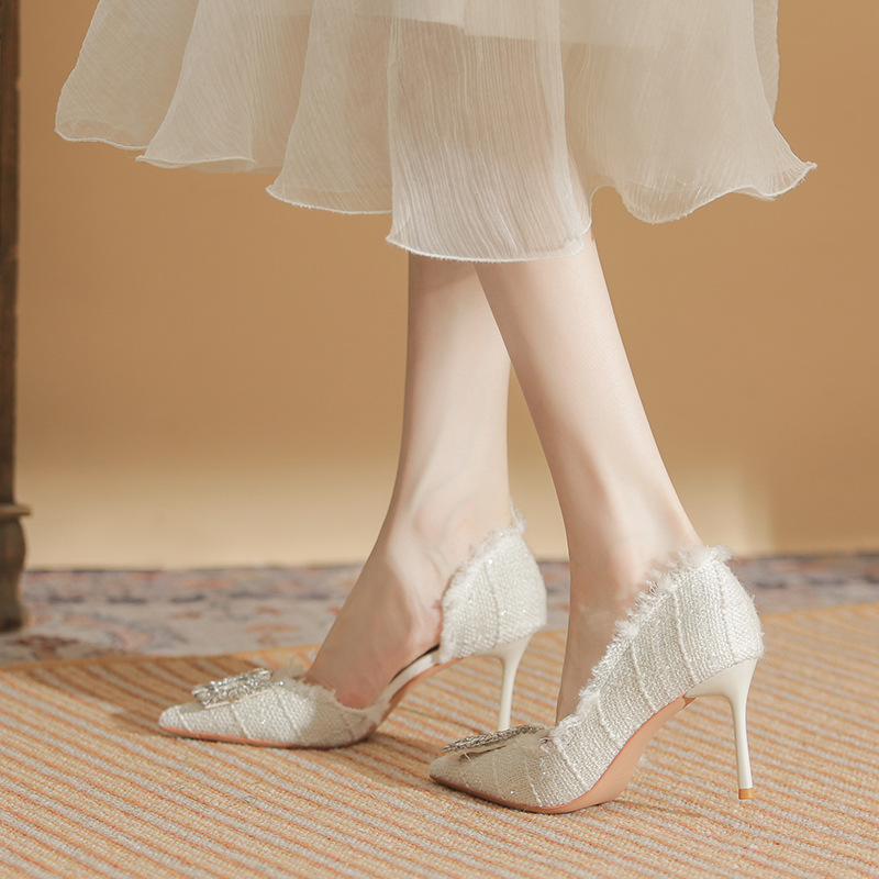 Sheepskin pointed high-heeled shoes rhinestone shoes