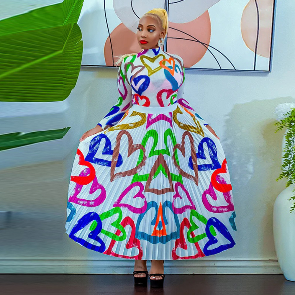 Printing big skirt crimp European style dress 2pcs set for women