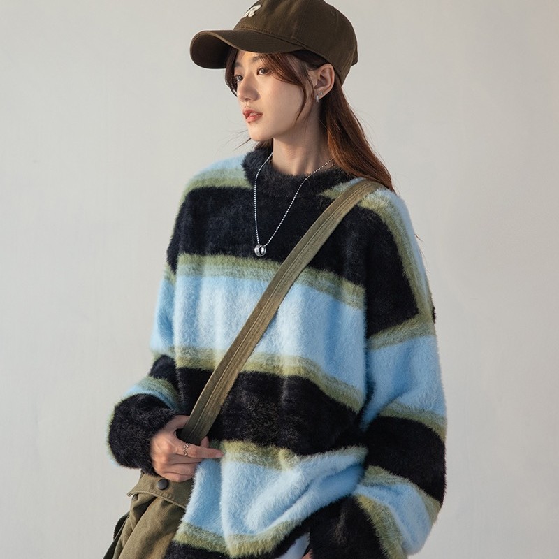 Lazy stripe knitted sweater loose mohair coat for women
