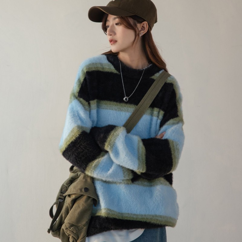 Lazy stripe knitted sweater loose mohair coat for women