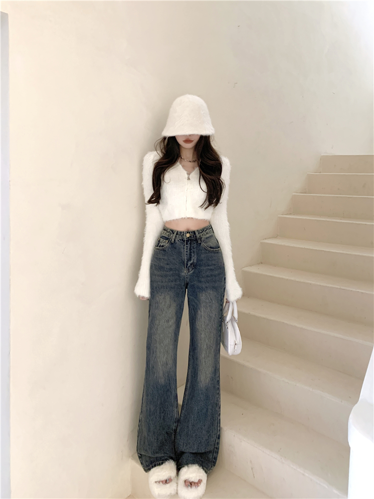 Mopping loose wide leg pants straight blue jeans for women