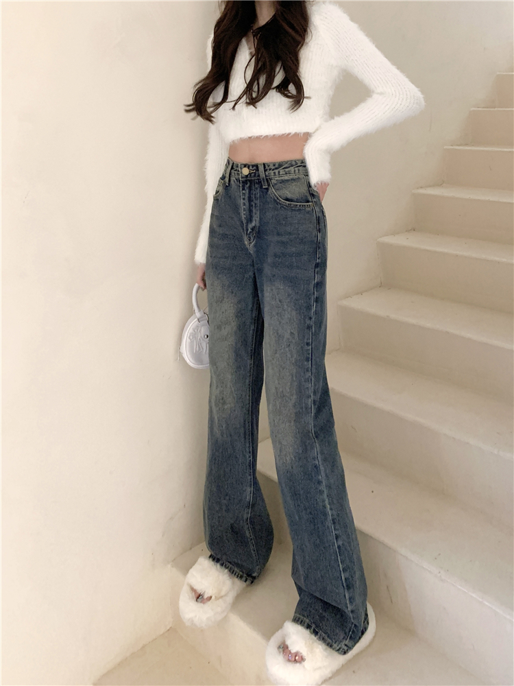 Mopping loose wide leg pants straight blue jeans for women