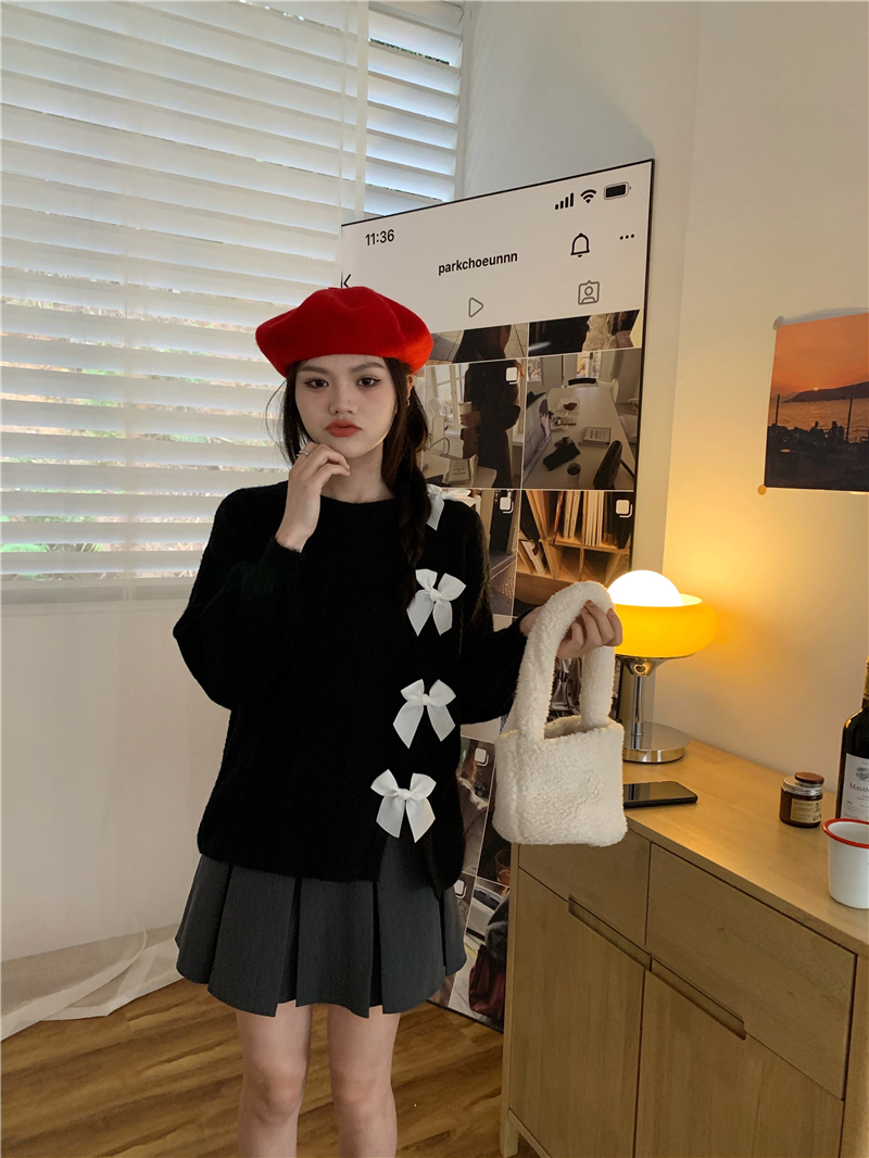 Knitted bow loose high waist sweater pullover lazy split skirt