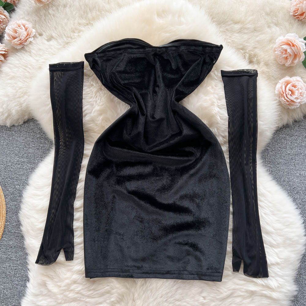 Sexy tight wrapped chest velvet package hip dress