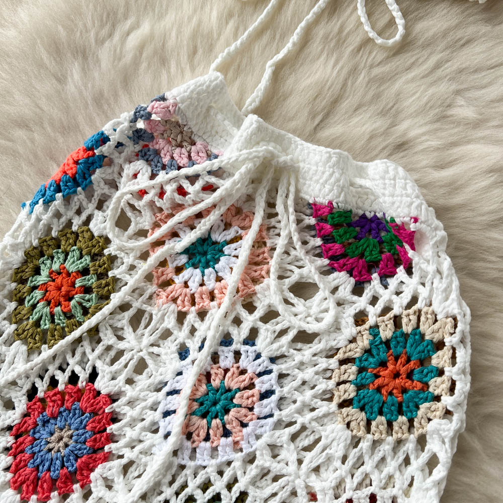 V-neck crochet short skirt knitted halter tops 2pcs set