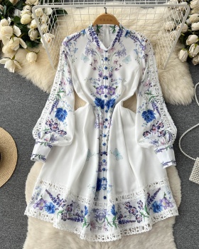 Lady France style cstand collar long sleeve hollow dress