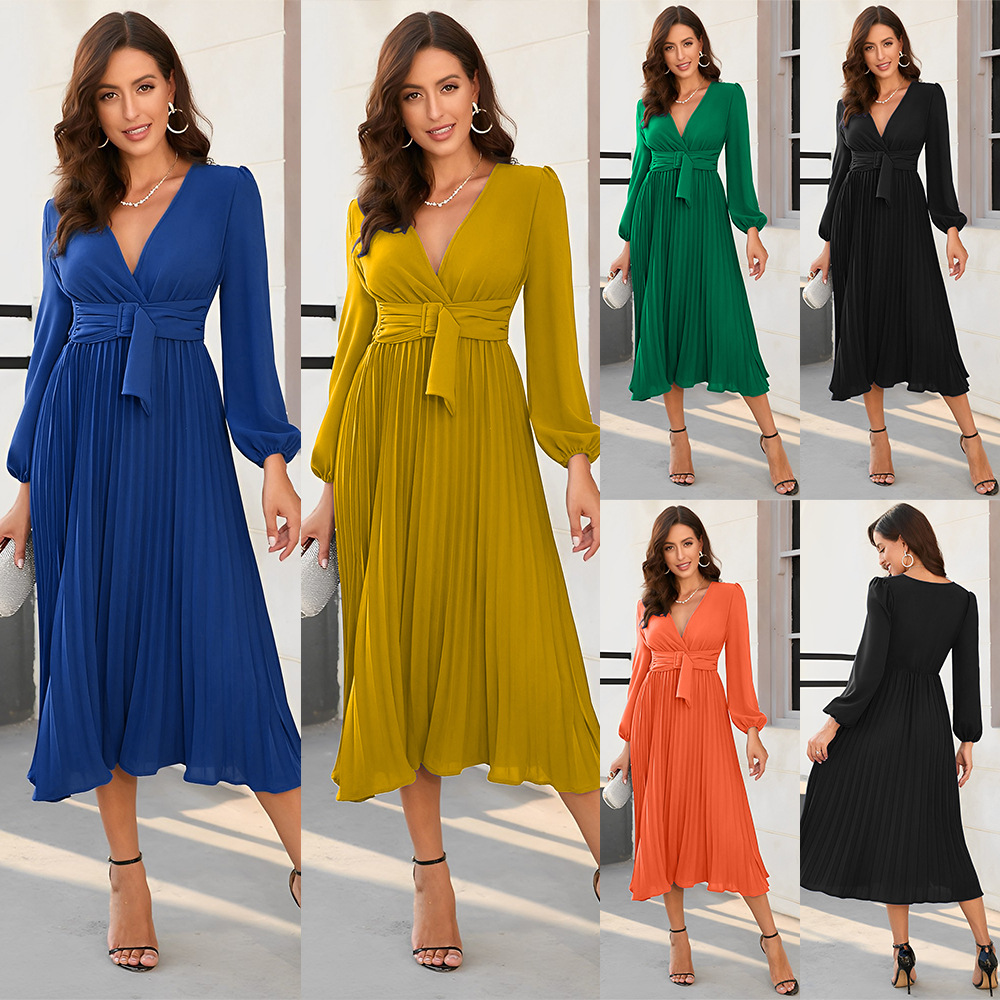 V-neck long sleeve dress pleated belt for women