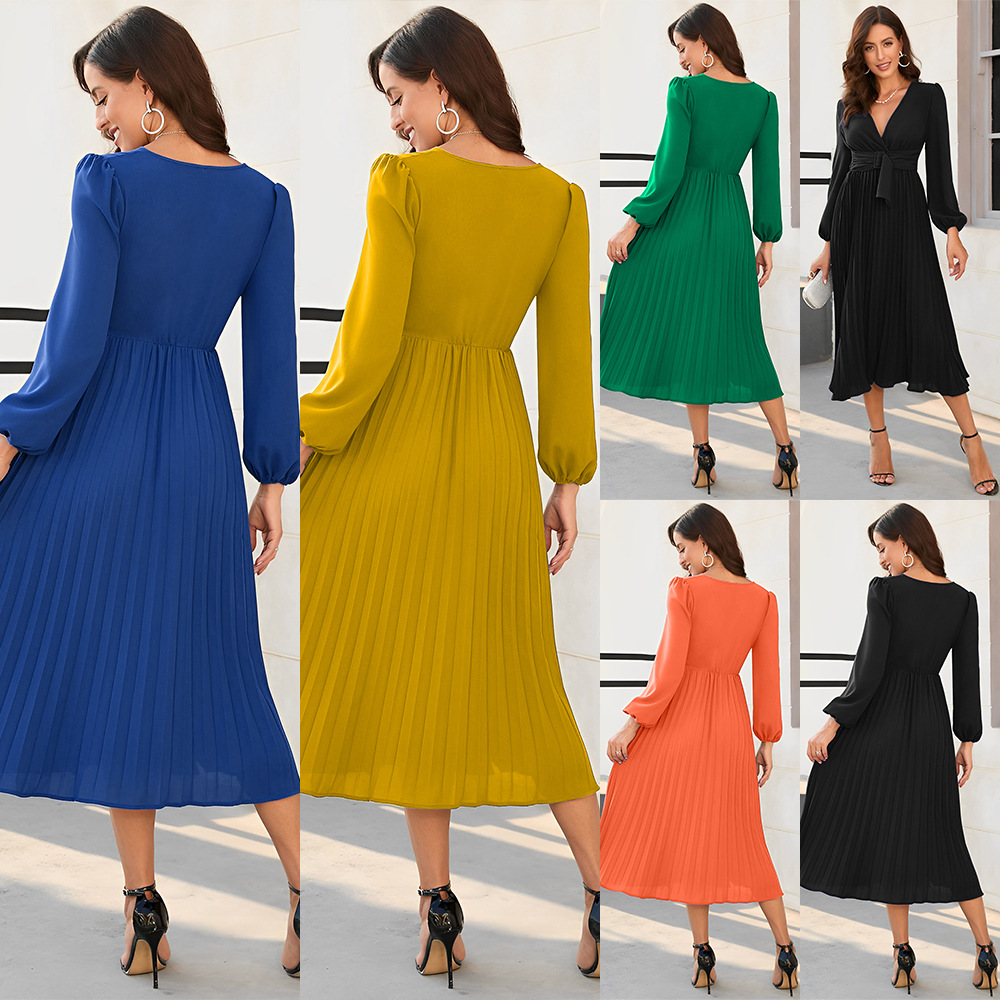 V-neck long sleeve dress pleated belt for women