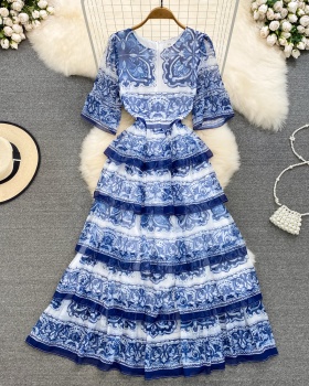 Pinched waist dress blue and white porcelain long dress