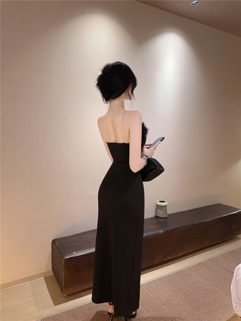 Wrapped chest feather formal dress European style slim dress