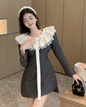 Long sleeve bow autumn T-back mixed colors lady dress