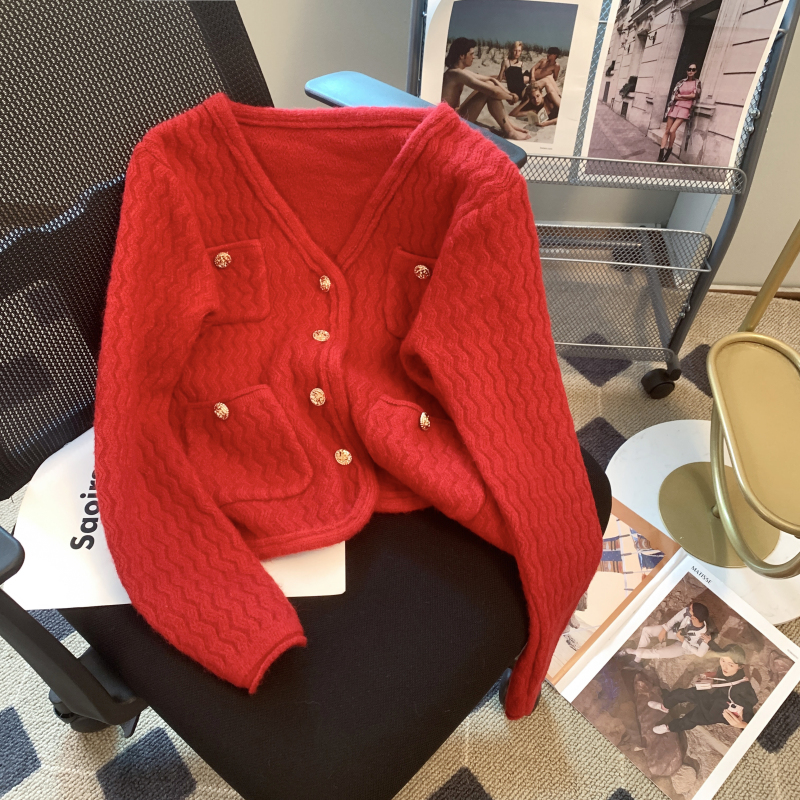 Fashion and elegant spring thick sweater short red coat