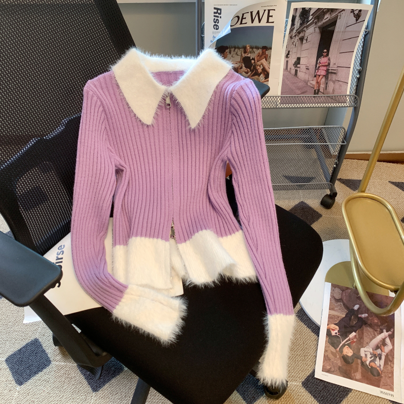 Spring blue short sweater fur collar splice cardigan