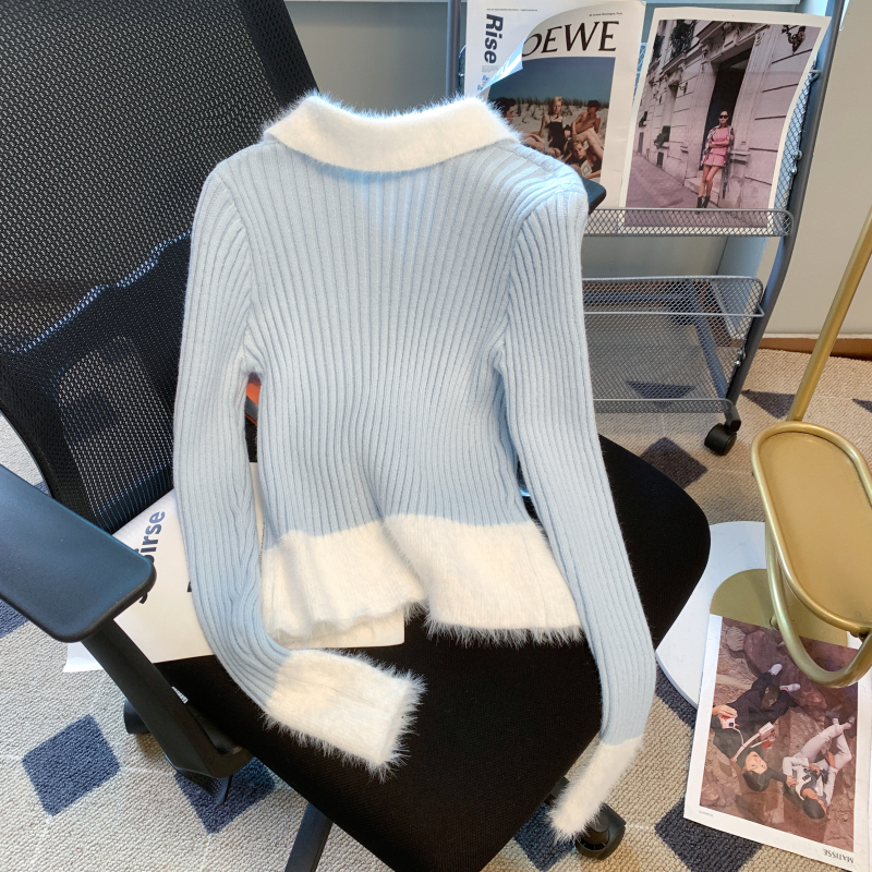 Spring blue short sweater fur collar splice cardigan