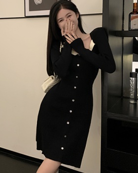 Knitted black buckle sweater dress square collar unique dress