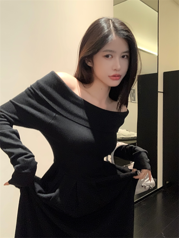Exceed knee France style sweater dress long dress