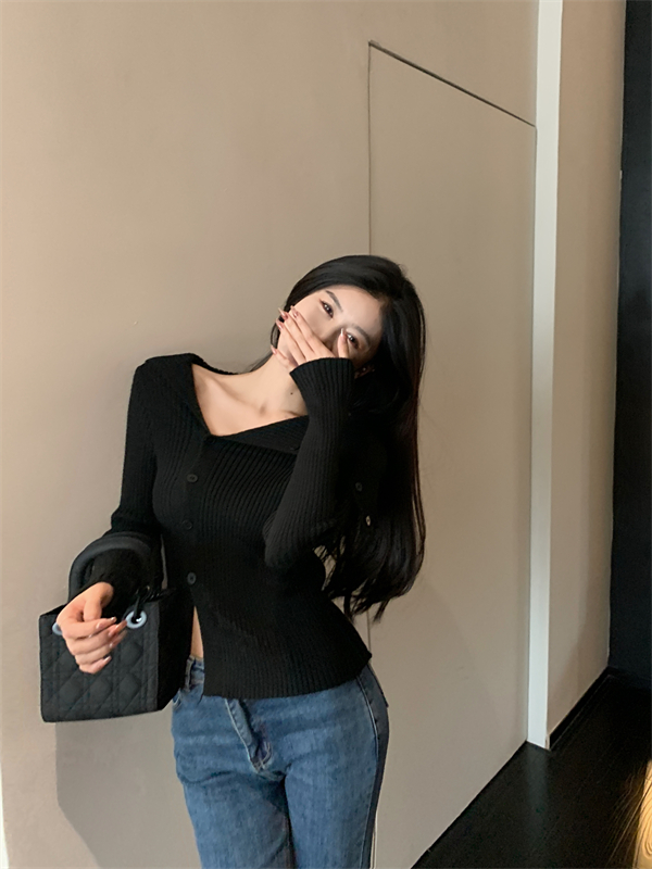 Unique horizontal collar bottoming shirt France style sweater