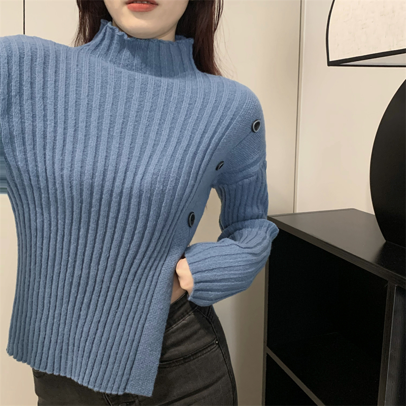 Slim split sweater temperament buckle bottoming shirt