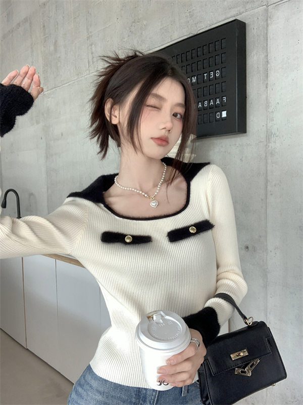 Square collar bottoming shirt sweater for women