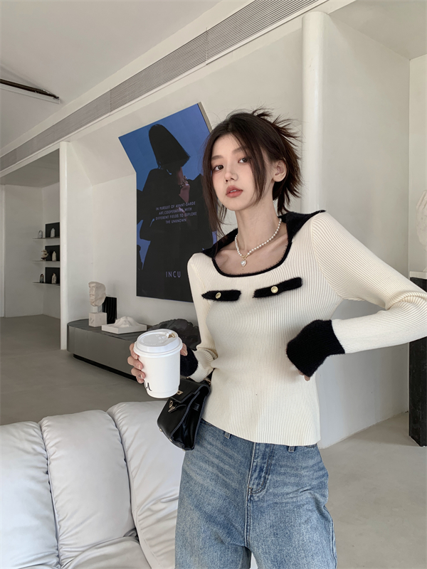 Square collar bottoming shirt sweater for women