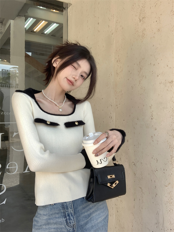 Square collar bottoming shirt sweater for women