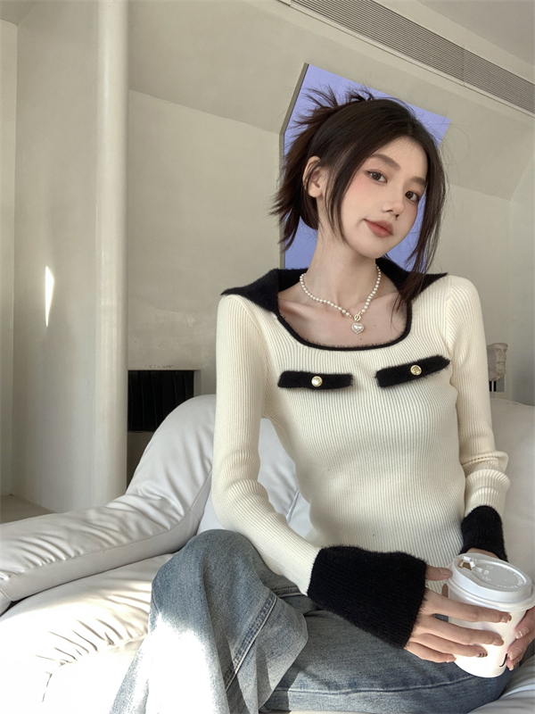 Square collar bottoming shirt sweater for women